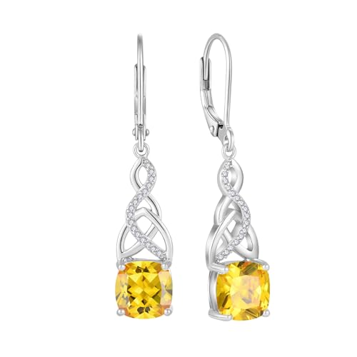 Infinity Celtic Knot Dangle Drop Earrings 925 Sterling Silver Princess Cut Leverback Earrings with Birthstone Irish Jewelry Gifts for Women