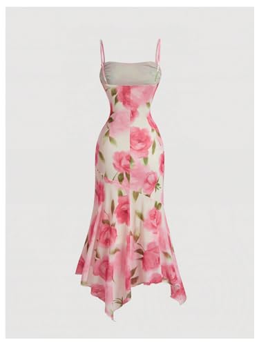 GORGLITTER Women's Floral Ruched Bodycon Cami Dress Mesh Sleeveless Ruffle Asymmetrical Hem Midi Dresses2