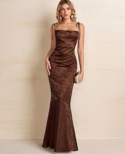 Image of GLNEGE Wedding Guest Maxi Prom Dress Lace Up Satin Formal Dresses for Women | Spaghetti Strap Cocktail Elegant Bridal Shower Wgute Dress Bodycon Mermaid Long Evening Black Tie Dresses for Women