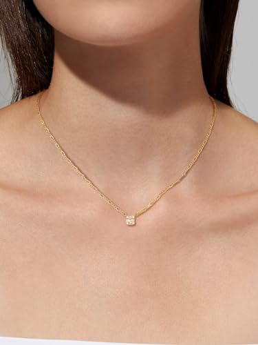 CHESKY Diamond Pendant Necklace for Women,Dainty Gold Necklace 14k Gold Plated Figaro Chain Choker Necklaces Cute Simple Cubic Zirconia Trendy Necklace Jewelry Gifts for Women