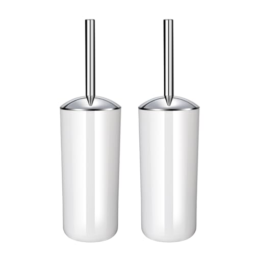 White Toilet Brush and Holder Set, 2 Pack – Toilet Brush White with Stainless Steel Handle, Non-Scratch Bristles, Compact and Drip-Free, Toilet Bowl Brush for Bathroom and Home Use