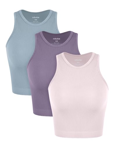 Image of ODODOS 3-Pack Seamless Crop Tank for Women Ribbed Soft High Neck Cropped Tops
