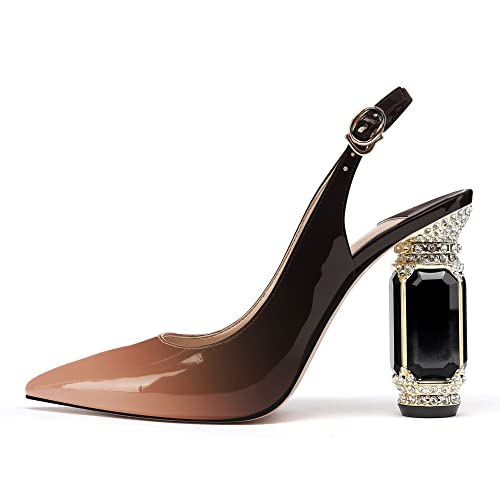 Image of JANSEVEN Women Chunky Heels Pumps Crystal Block Heels with Rhinestones Pointed Toe Sexy Gradient Patent Leather Slip on Bridal Party Wedding Dress Shoes 5-13 M US