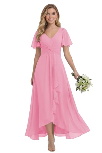 SEPT PRETTY Short Sleeve Mother Bride Dress 2026 Hot Pink Chiffon A Line Short Sleeve High Low Bridesmaid Dress for Wedding Guest Plus Size 28W