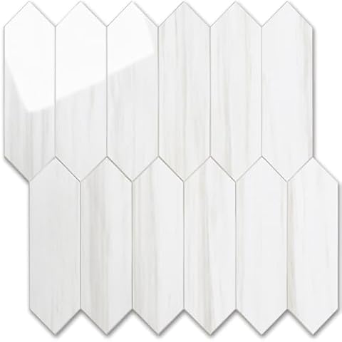 Vamos Tile Glossy Dolomite White Backsplash Tile Peel and Stick, 12.8 x 12.8 Inch 10 Sheets Long Hexagon PVC Self Adhesive Mosaic Wall Tiles Stick on Backsplash for Kitchen and Bathroom Cover