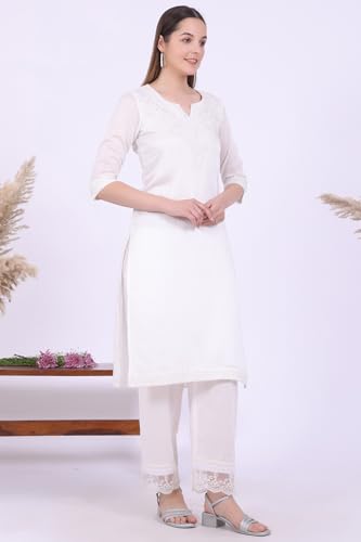Image of Aurelia Women's White Embroidered Pure Cotton Straight Kurta with Palazzos & Dupatta Set