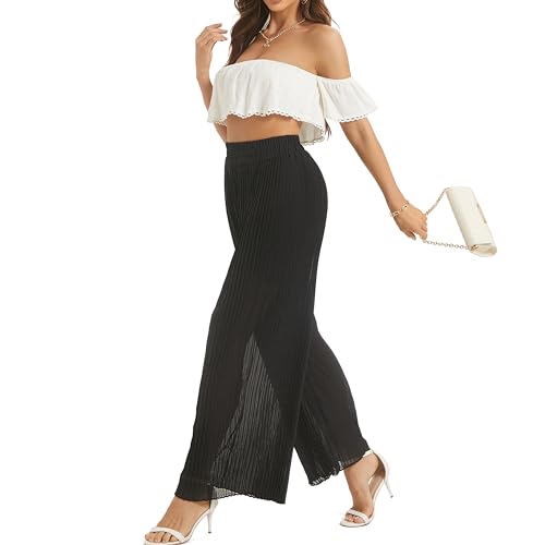 Women's Wide Leg Dress Pant High Waist Casual Flowy Boho Trousers Pleated Chiffon Elastic Waist Pants with Pocket2