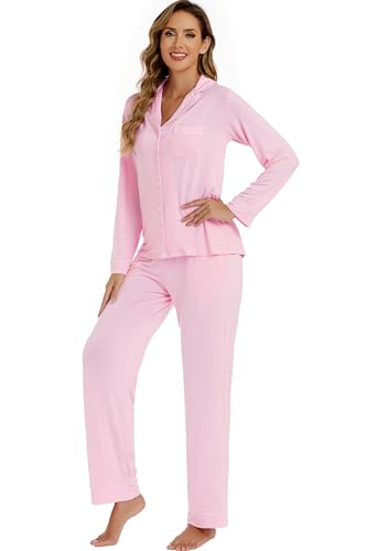 Image of LUBOT Womens Bamboo Viscose Pajamas for Women 2 Piece PJ Set Ultra Buttery Soft Cooling Button Long Sleeve Sleepwear S-XXL