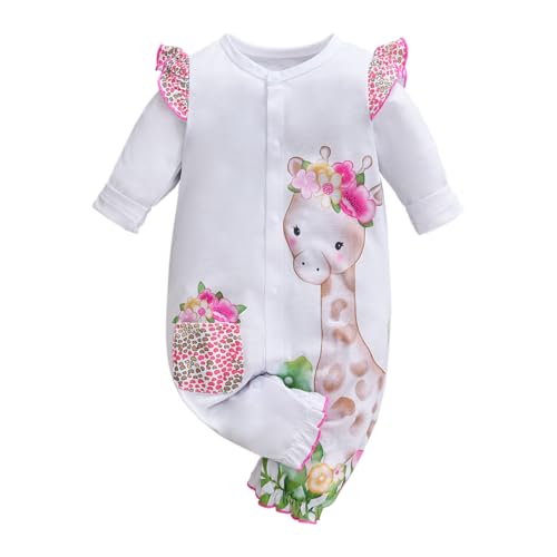 Cute Zebra Giraffe With Floral Print Long Sleeve Baby Girl Clothes White Jumpsuit For Baby One-Piece Romper