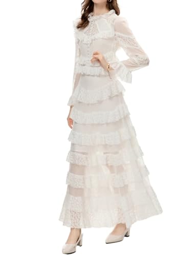 Women's Tiered Ruffles Crewneck Dresses Vintage Long Sleeves Embroidery Lace Party Prom Gown3
