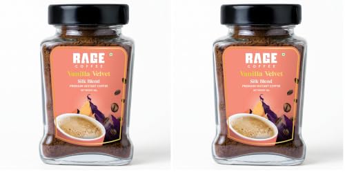 Image of Rage Coffee Vanilla Velvet Silk Blend Instant Coffee, 60g | Premium Flavoured Instant Coffee | Bold, Smooth & Aromatic | 100% Pure Coffee | Easy to Make Hot or Cold (Pack of 2)