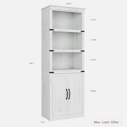 GAOMON Farmhouse Bookcases with Doors, 5 Tier Bookshelf with Storage, 70 inch Tall Bookshelf and Bookcase, Wooden Storage Cabinet for Living Room, Home, Office, Bedroom (White)