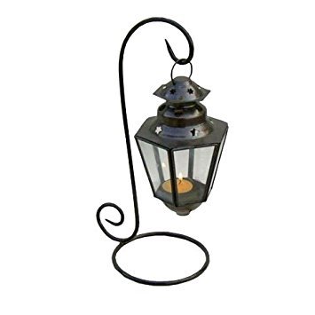 Iron Small Hanging Tealight Lantern With Glass Panes, Graceful Stand - Home Garden Décor