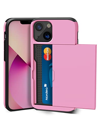 ACOCOBUY for iPhone 13 Mini Case with Card Holder Sliding Cover Hidden Pocket IDs Credit Cards Slot Heavy Duty Shockproof Protective Dual Layer Wallet Phone Cover Back Shell for Men Women 5.4 Pink