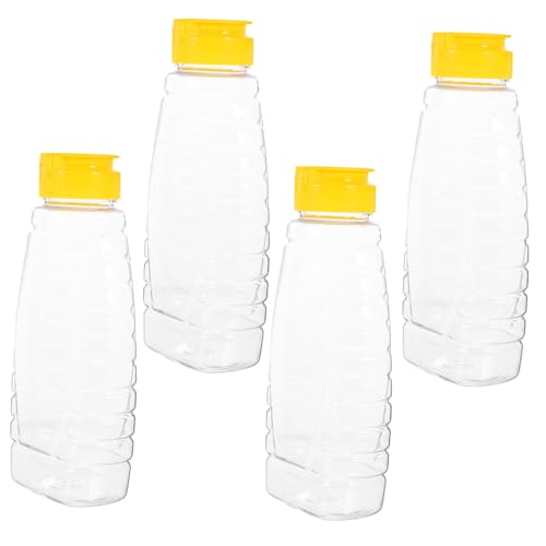 Cabilock 4Pcs Transparent Plastic Honey Bottles Capacity Food Packaging Jar with Lid for Honey Jam Bbq Sauce Oil Ketchup Mustard for Home Restaurant and Travel