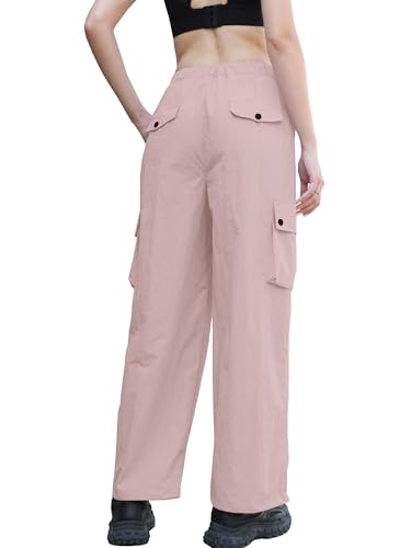 Image of Betusline Girls & Women's High Waist Wide Leg Cargo Pants Y2K Parachute Pants with Pockets and Drawstring 6 Years-Women 2XL