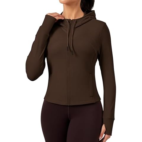 QUEENIEKE Hooded Workout Jacket for Women - Zip Up Athletic Running BBL Jacket Croped Tops with Back Mesh Vent & Thumb Holes (Toasted Brown, XX-Large) Cover