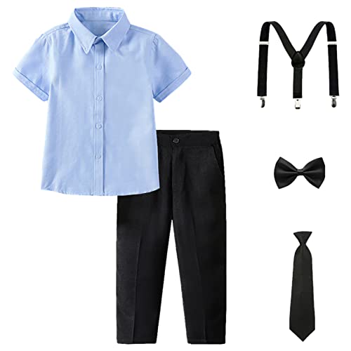 Image of amropi Boy Tuxedo Outfit 5-Piece Long Sleeve Bow-Tie Shirt and Suspender Pants Set for Age 1-13 Years