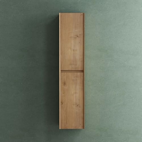 Mai & Mai Meuble de Salle de Bains Rangement Murale Armoire Haute 35x30x160cm avec 2 Portes et 6 Compartiments Marron Clair Rimo
