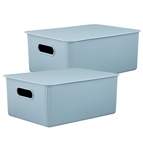 Image of Superio Ribbed Decorative Plastic Home Storage Bins 2 Pack, Blue Organizer Baskets 15 Liter, Boxes for Organizing Closet Shelf (Bin with Lid- Large)
