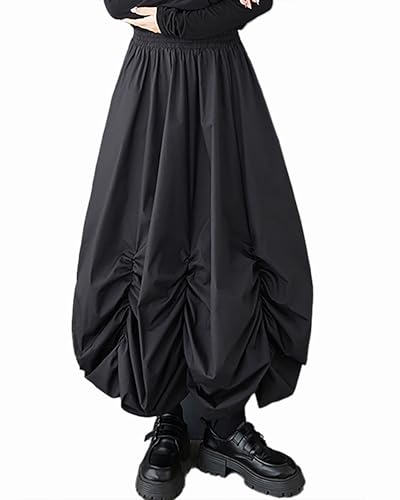 ellazhu Women's Pants Solid Elastic Waist Two Side Pockets Wide Leg Drop Crotch Casual GZ442 A3