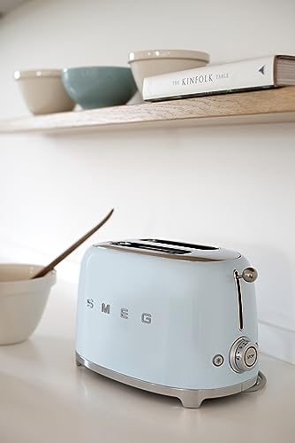 Image of Smeg Toaster, 2 Wide Slot, Original Italian Brand, Patented Smeg Pastel Blue, Auto Center for Even Browning, Smart Crumb Tray Drawer, Multi-Use: Defrost, Reheat & Bagel, 6 Toast Level, 950W,TSF01PBEU