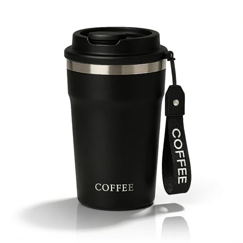 Image of Travel Coffee Tumbler with Lanyard - Insulated Stainless Steel Mug, Leak-Proof, Keeps Hot 6H & Cold 8H - Black, 400 ML