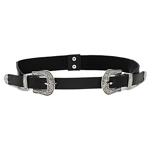 Women's Black Vintage Style Double Buckle Belt PU Leather Western Belt Adjustable Waistband for Dress Jeans Pants