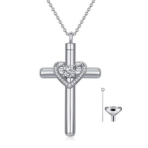 AOBOCO Cross Necklace for Ashes, Sterling Silver Birthstone Cross Urn Necklaces for Ashes Embellished with Crystals from Austria Keepsake Cremation Jewelry for Pet Human Ashes