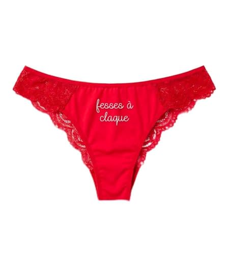 Culotte Tanga Fesses à Claque Brodé à l'Arrière, Rouge, Dentelle, Tissu Modal et Élasthanne,...