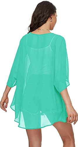 Image of Indian Trendy Women's Solid Puff Sleeve Kimono Cardigan Loose Cover Up Casual Blouse Top Chiffon