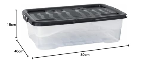 Cristalray Strata Curve Boîte de rangement sous lit avec couvercle noir, 42 litres, 80 x 40 x 18 cm, Transparent, Lot de 3 – vue 2