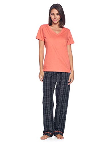 Ashford & Brooks Women's Short Sleeve Pajamas Set | Woven Plaid Sleepwear & Loungewear Jersey Shirt PJ Pants Set, Black/Grey/White, L