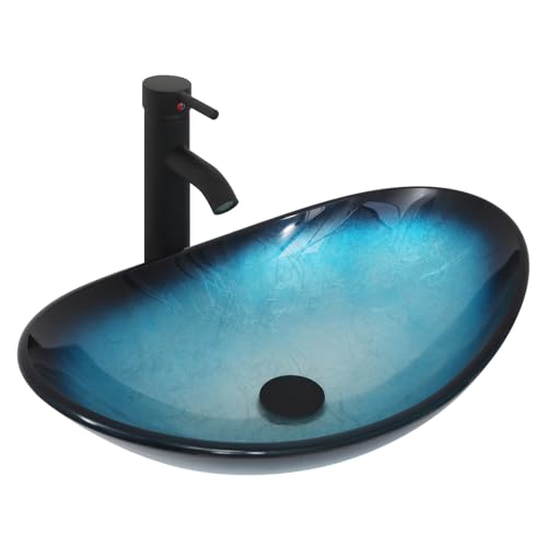YU YUSING Ensemble Complet- Lavabo Ovale en Verre avec Robinet, Vasque à Poser, Lave-Mains, pour Salle de Bain, Cuisine, WC d'invités, Bleu Moderne, 53 x 35 x 16 cm