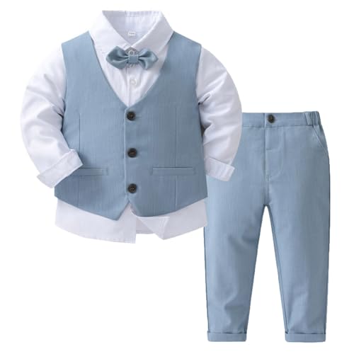 Freebily - Freebily Ensemble Bapteme Mariage Ceremonie Bebe Garcon Vetements Gentleman Pantalon Gilet Chemise Noeud Papillon Garcon Tenue A Manches Longues Y-Clair Bleu 3-4 Ans