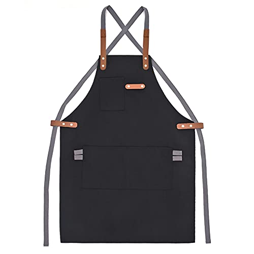 Pinji Delantal de Lona para Cocina, Delantal Ajustable con Bolsillos para Mujeres Hombres Diseño de la Cruz Trasera para…