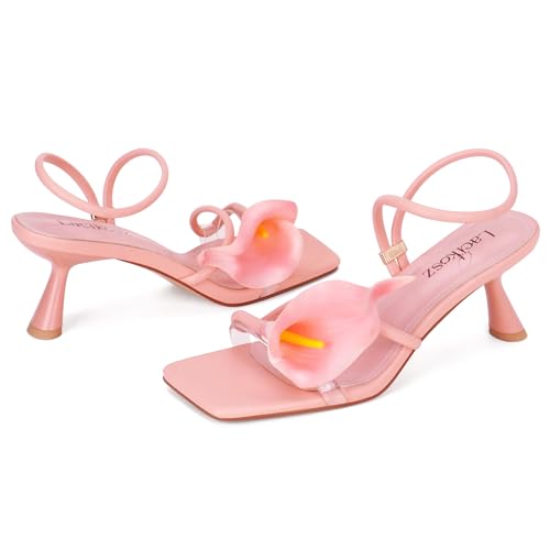 Image of LACIKOSZ Flower Kitten Heel Sandals for Women Calla Lily Green Heels Square Open Toe Floral Strappy Low Heel Sandals Summer Dressy Wedding Shoes