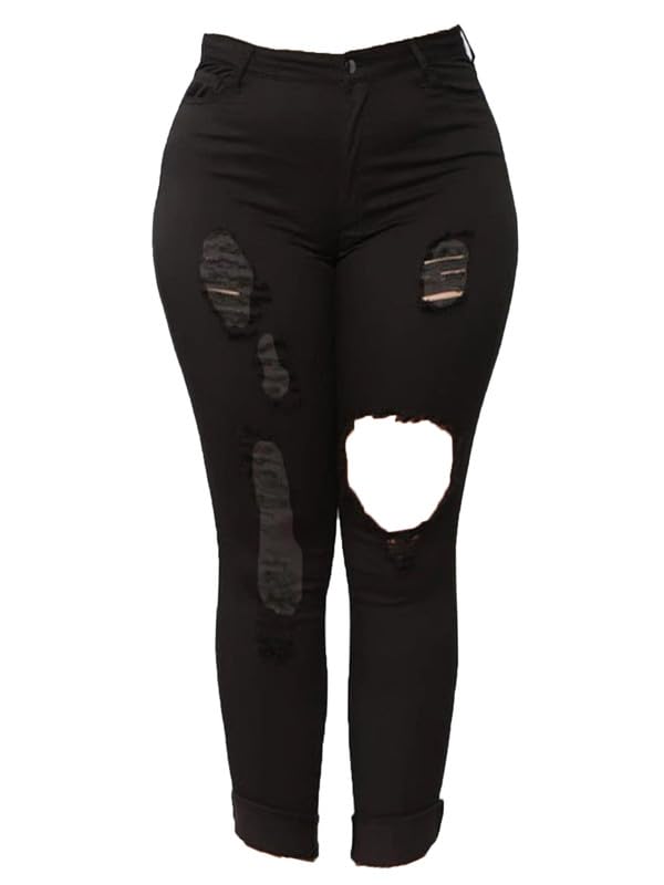 Andongnywell Plus Size Ripped Stretch Jeans Women Slim Skinny Denim Jean High Waist Hole Trousers Pants