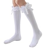 SEMOHOLLI Women Girl's Fashion Knee High Socks With Bow Lace Ruffle Trim Cute Cotton Socks (1 Pairs-white)