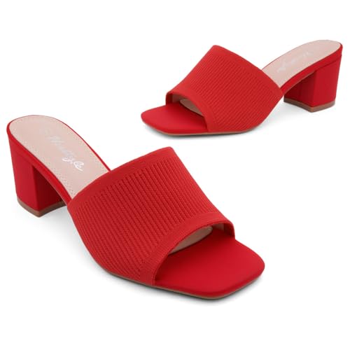 Image of Herstyle Square Open Toe Heeled Sandals for Women 2.5 Inch Low Block Chunky Heel Sandals Slip-On Mules Comfortable Dress Shoes for Party Wedding Office
