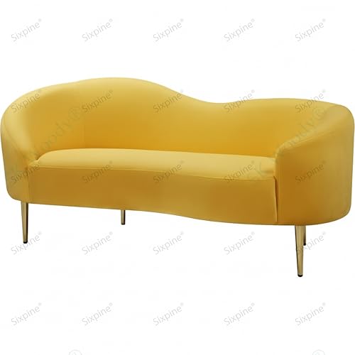 Image of Rosewood Luxury Curved Sofa in Premium Velvet-Fabric | Solid Wood Structure | High Density Foam | Sturdy Golden Legs | Comfortable & Stylish Couch for Modern Living Room (Yellow, 2 Seater)