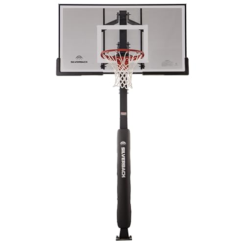 Image of Silverback Height Adjustable In-Ground Basketball Hoop with Tempered Glass Backboard, Pro-Style Breakaway Rim & Backboard Pad