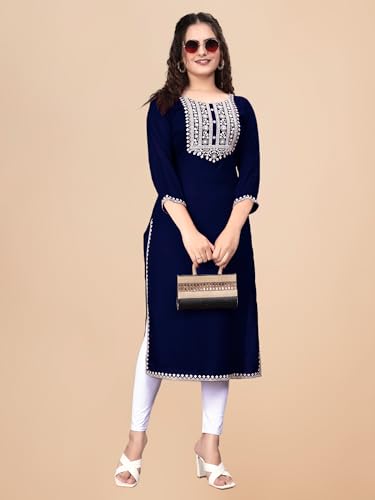 Image of Women Rayon Embroidered Kurti Three Quarter Sleeve Kurta for Women and Girls Embroidery Work Soft Rayon Fabric Comfortable