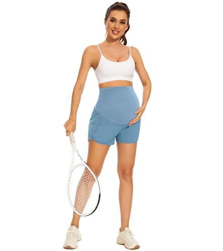 Image of PACBREEZE Women's Maternity Shorts Over Belly Quick Dry Workout Athletic Running Shorts with Zipper Pockets