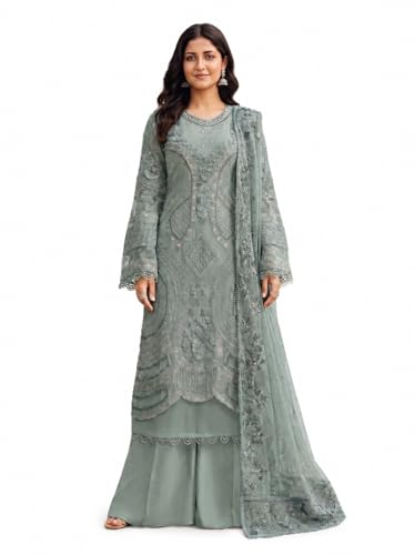 Image of RUDRAPRAYAG Women's Georgette Fabric Wih Embroidered Sequence Work And On Neck Moti Hand Work Semi Stitched Sharara Salwar Suit With Dupatta Set