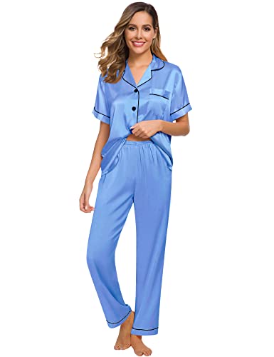 Image of SWOMOG Women Satin Pajamas Set Short Sleeve Top & Pants Sleepwear Silky Button Down Nightwear 2pcs Loungewear Pjs Set Marina Blue XX-Large