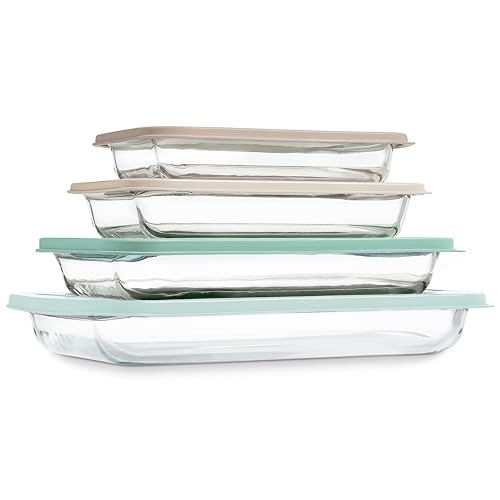 COOK WITH COLOR 8-Piece Deep Glass Baking Dish Set with Plastic Lids – Casserole and Food Storage Containers for Lasagna, Leftovers – Freezer-to-Oven, Microwave & Dishwasher Safe, Mint