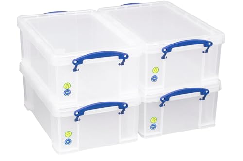 Really Useful Box 9 Litre Plastic Storage Box Clear, Multi-purpose stacking storage, with a lid and clip lock handles, Ideal for home, office, school and arts and crafts storage (Pack of 4)