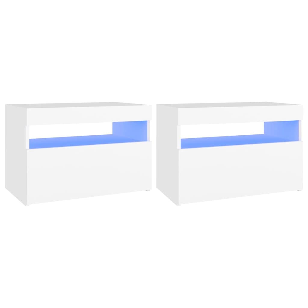 vidaXL 2X Mesita de Noche y Luces LED Aparador Auxiliar Armario Cama Dormitorio Habitación Organizador Almacenamiento Blanco 60x35x40 cm