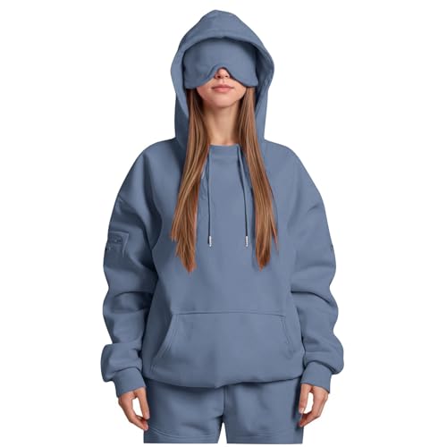 Travel Hoodie with Eye Mask Built In, Comfort Hoodies Airplane Mode Wearable Blanket Sweatshirts for Adult Women Men Light Blue Airplane Mode Hoodie Women Comfort 2XL